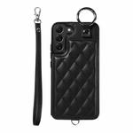 For Samsung Galaxy S22+ 5G Rhombic Texture Card Bag Phone Case with Short Lanyard(Black)