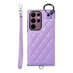 For Samsung Galaxy S22 Ultra 5G Rhombic Texture Card Bag Phone Case with Short Lanyard(Purple)