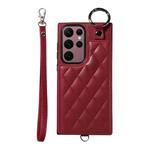 For Samsung Galaxy S22 Ultra 5G Rhombic Texture Card Bag Phone Case with Short Lanyard(Wine Red)