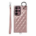 For Samsung Galaxy S22 Ultra 5G Rhombic Texture Card Bag Phone Case with Short Lanyard(Rose Gold)