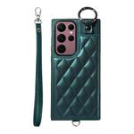 For Samsung Galaxy S22 Ultra 5G Rhombic Texture Card Bag Phone Case with Short Lanyard(Green)