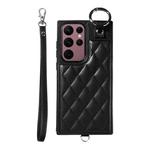 For Samsung Galaxy S22 Ultra 5G Rhombic Texture Card Bag Phone Case with Short Lanyard(Black)