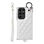 Samsung Galaxy S23 Ultra 5G Rhombic Texture Card Bag Phone Case with Short Lanyard(White)