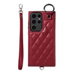 Samsung Galaxy S23 Ultra 5G Rhombic Texture Card Bag Phone Case with Short Lanyard(Wine Red)