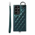 Samsung Galaxy S23 Ultra 5G Rhombic Texture Card Bag Phone Case with Short Lanyard(Green)