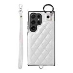 For Samsung Galaxy S24 Ultra 5G Rhombic Texture Card Bag Phone Case with Short Lanyard(White)