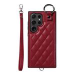 For Samsung Galaxy S24 Ultra 5G Rhombic Texture Card Bag Phone Case with Short Lanyard(Wine Red)
