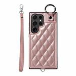 For Samsung Galaxy S24 Ultra 5G Rhombic Texture Card Bag Phone Case with Short Lanyard(Rose Gold)