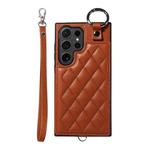 For Samsung Galaxy S24 Ultra 5G Rhombic Texture Card Bag Phone Case with Short Lanyard(Brown)