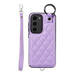 For Samsung Galaxy S23 5G Rhombic Texture Card Bag Phone Case with Short Lanyard(Purple)