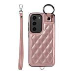 For Samsung Galaxy S23 5G Rhombic Texture Card Bag Phone Case with Short Lanyard(Rose Gold)