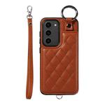 For Samsung Galaxy S23 5G Rhombic Texture Card Bag Phone Case with Short Lanyard(Brown)