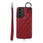 For Samsung Galaxy S23+ 5G Rhombic Texture Card Bag Phone Case with Short Lanyard(Wine Red)