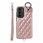 For Samsung Galaxy S23+ 5G Rhombic Texture Card Bag Phone Case with Short Lanyard(Rose Gold)
