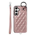 For Samsung Galaxy S24 5G Rhombic Texture Card Bag Phone Case with Short Lanyard(Rose Gold)