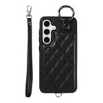 For Samsung Galaxy S24 5G Rhombic Texture Card Bag Phone Case with Short Lanyard(Black)