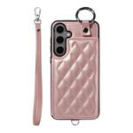 For Samsung Galaxy S24+ 5G Rhombic Texture Card Bag Phone Case with Short Lanyard(Rose Gold)