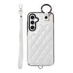 For Samsung Galaxy S23 FE 5G Rhombic Texture Card Bag Phone Case with Short Lanyard(White)