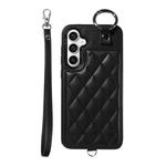 For Samsung Galaxy S23 FE 5G Rhombic Texture Card Bag Phone Case with Short Lanyard(Black)