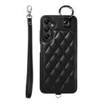 For Samsung Galaxy A05s Rhombic Texture Card Bag Phone Case with Short Lanyard(Black)