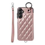 For Samsung Galaxy A14 4G / 5G Rhombic Texture Card Bag Phone Case with Short Lanyard(Rose Gold)