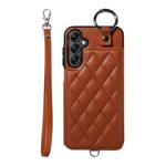 For Samsung Galaxy A14 4G / 5G Rhombic Texture Card Bag Phone Case with Short Lanyard(Brown)