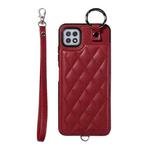 For Samsung Galaxy A22 5G Rhombic Texture Card Bag Phone Case with Short Lanyard(Wine Red)