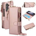 For Samsung Galaxy Z Fold6 Crossbody Ring Multifunctional Wallet Fold Leather Phone Case(Rose Gold)