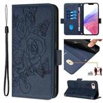 For iPhone SE 2022 / SE 2020 / 8 / 7 Embossed Rose RFID Anti-theft Leather Phone Case(Dark Blue)