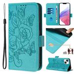 For iPhone 15 Embossed Rose RFID Anti-theft Leather Phone Case(Light Blue)