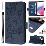 For iPhone 15 Embossed Rose RFID Anti-theft Leather Phone Case(Dark Blue)