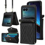 For Motorola Razr 40 Ultra Splicing Rhombic Texture Phone Case with Long & Short Lanyard(Black)