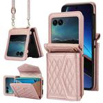 For Motorola Razr 40 Ultra Splicing Rhombic Texture Phone Case with Long & Short Lanyard(Rose Gold)