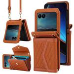 For Motorola Razr 40 Ultra Splicing Rhombic Texture Phone Case with Long & Short Lanyard(Brown)