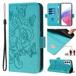 For Samsung Galaxy S21 5G Embossed Rose RFID Anti-theft Leather Phone Case(Light Blue)