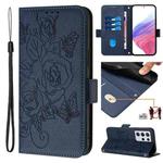 For Samsung Galaxy S21 Ultra 5G Embossed Rose RFID Anti-theft Leather Phone Case(Dark Blue)