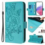 For Samsung Galaxy S22+ 5G Embossed Rose RFID Anti-theft Leather Phone Case(Light Blue)