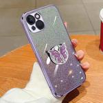 For iPhone 14 Plus Plated Gradient Glitter Butterfly Holder TPU Phone Case(Purple)