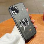 For iPhone 14 Plus Plated Gradient Glitter Butterfly Holder TPU Phone Case(Black)