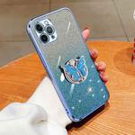 For iPhone 11 Pro Plated Gradient Glitter Butterfly Holder TPU Phone Case(Sierra Blue)