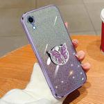 For iPhone XR Plated Gradient Glitter Butterfly Holder TPU Phone Case(Purple)