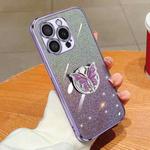 For iPhone 16 Pro Max Plated Gradient Glitter Butterfly Holder TPU Phone Case(Purple)