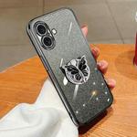 For iPhone 16 Plus Plated Gradient Glitter Butterfly Holder TPU Phone Case(Black)