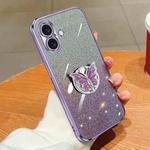 For iPhone 16 Plated Gradient Glitter Butterfly Holder TPU Phone Case(Purple)