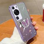 For Huawei P60 Plated Gradient Glitter Butterfly Holder TPU Phone Case(Purple)