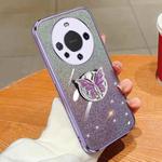 For Huawei Mate 60 Plated Gradient Glitter Butterfly Holder TPU Phone Case(Purple)
