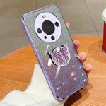 For Huawei Mate 60 Pro Plated Gradient Glitter Butterfly Holder TPU Phone Case(Purple)