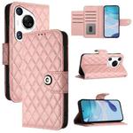 For Huawei Pura 70 Pro Rhombic Texture Flip Leather Phone Case with Lanyard(Coral Pink)