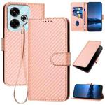 For Redmi 13 4G YX0070 Carbon Fiber Buckle Leather Phone Case with Lanyard(Pink)