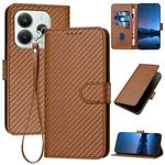 For Redmi Note 14 4G 164.84mm YX0070 Carbon Fiber Buckle Leather Phone Case with Lanyard(Coffee)